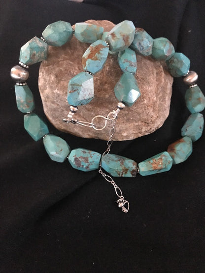 Turquoise Chunky Bead Faceted Navajo Sterling Silver Beads Necklace 03367
