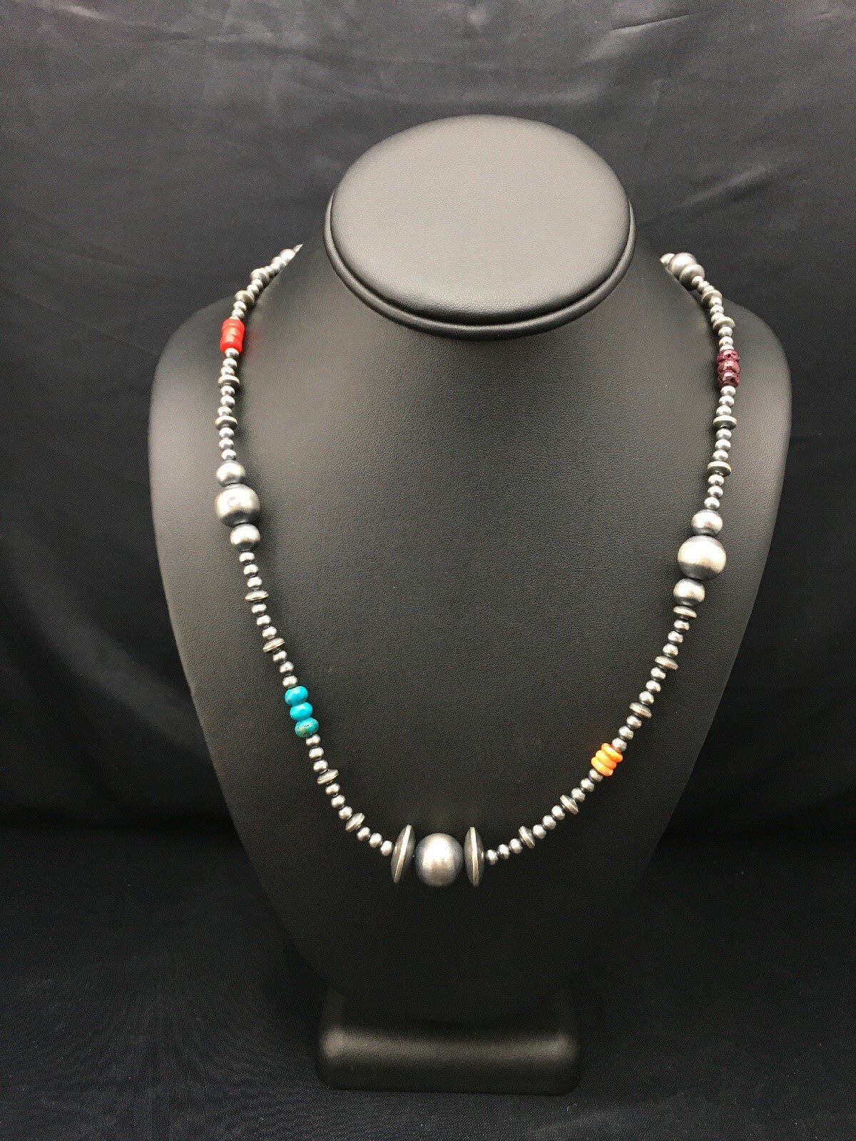 Turquoise Coral & Spiny Oyster Navajo Pearls Sterling Silver Bead Necklace 24"
