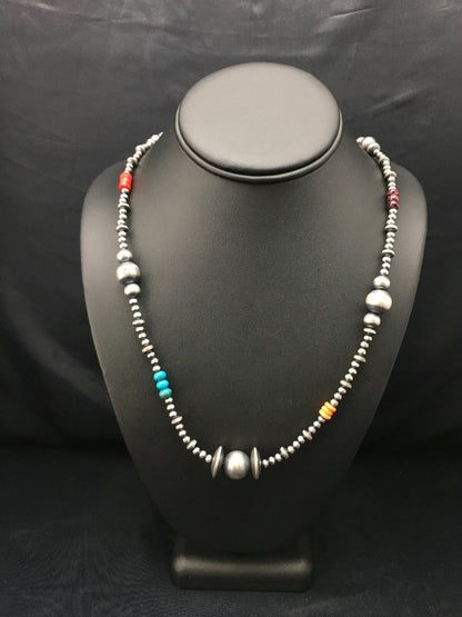 Turquoise Coral & Spiny Oyster Navajo Pearls Sterling Silver Bead Necklace 24"