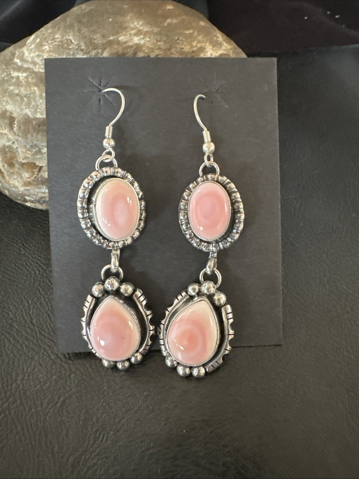 Yazzie Pink Queen Conch Navajo Sterling Silver Dangle Earrings 19321