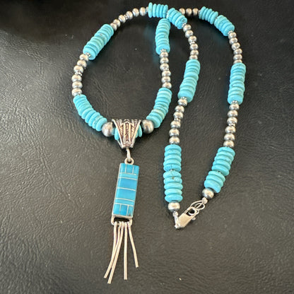 Blue Turquoise Inlay Pendant Navajo Sterling Silver Necklace 19514