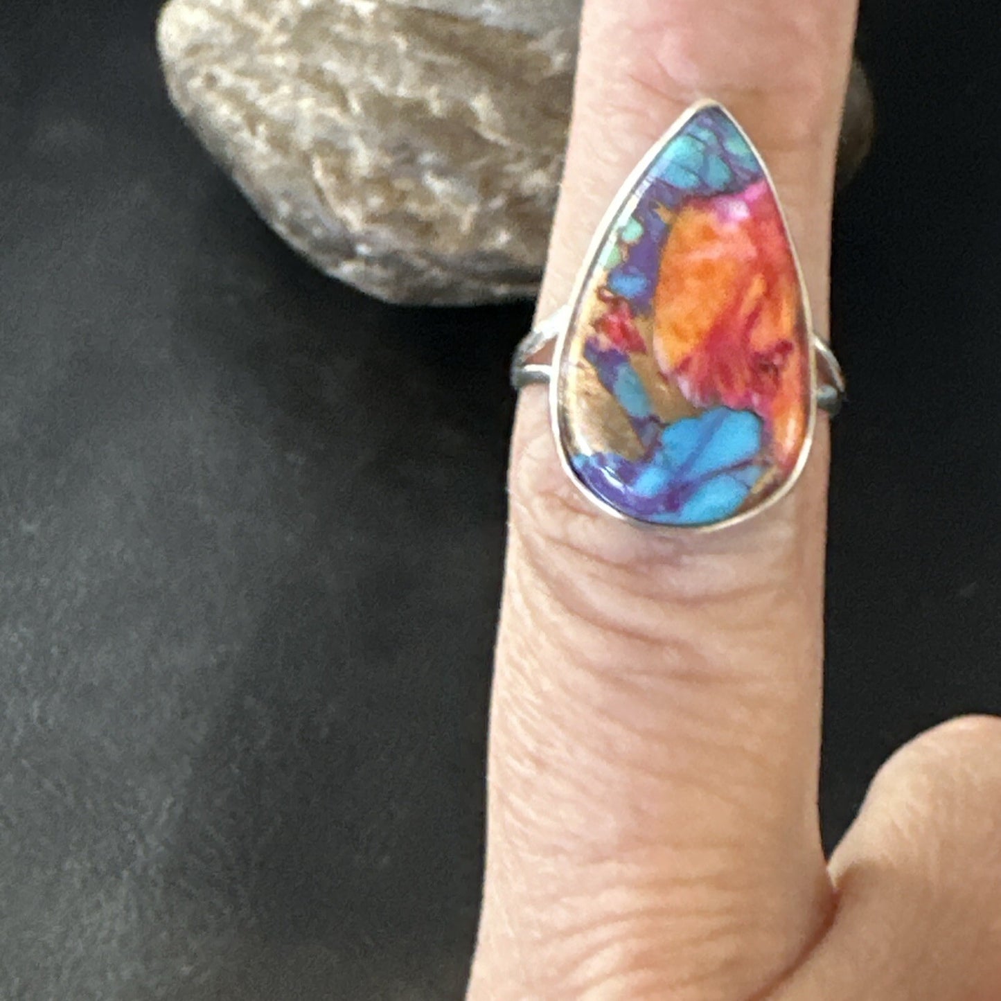 Blue Turquoise Spiny Oyster Southwestern Sterling Silver Ring Size 7 18420