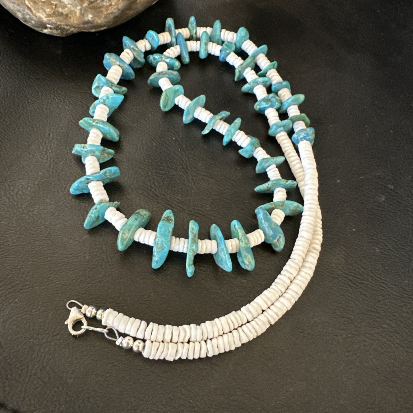 Blue Turquoise White Shell Navajo Sterling Silver Necklace 31" 19719