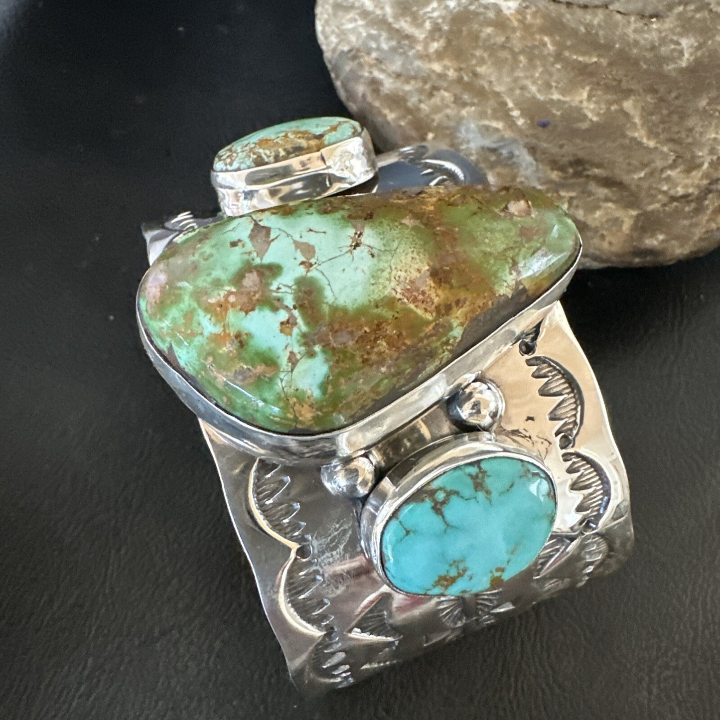 Navajo Green Royston TURQUOISE Stamped Sterling Silver Cuff Bracelet 17938