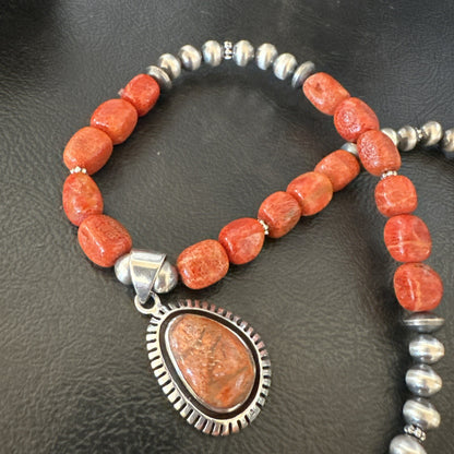 Navajo Pearls Apple Sponge Coral Sterling Silver Necklace Pendant 21” 18683