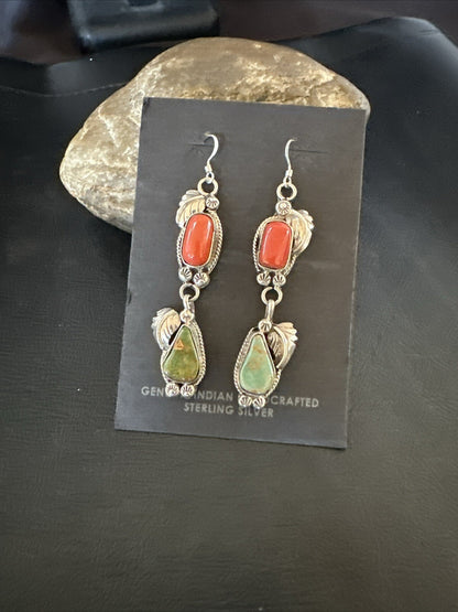 Green Royston Turquoise Red Coral Navajo Sterling Silver Dangle Earrings 1634