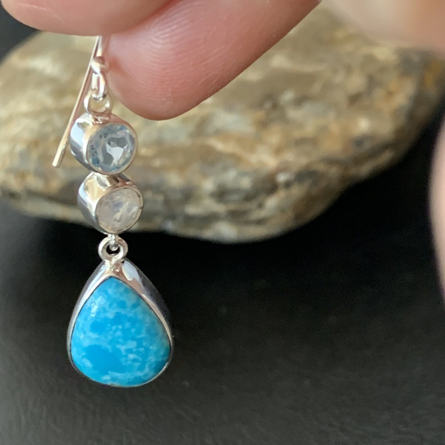 Blue Kingman Turquoise & Topaz Navajo Sterling Silver Dangle Earrings 11590