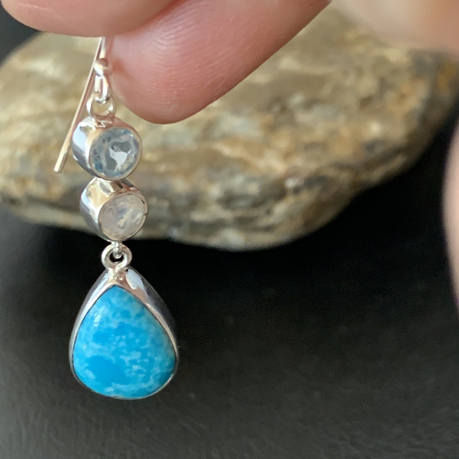 Blue Kingman Turquoise & Topaz Navajo Sterling Silver Dangle Earrings 11590