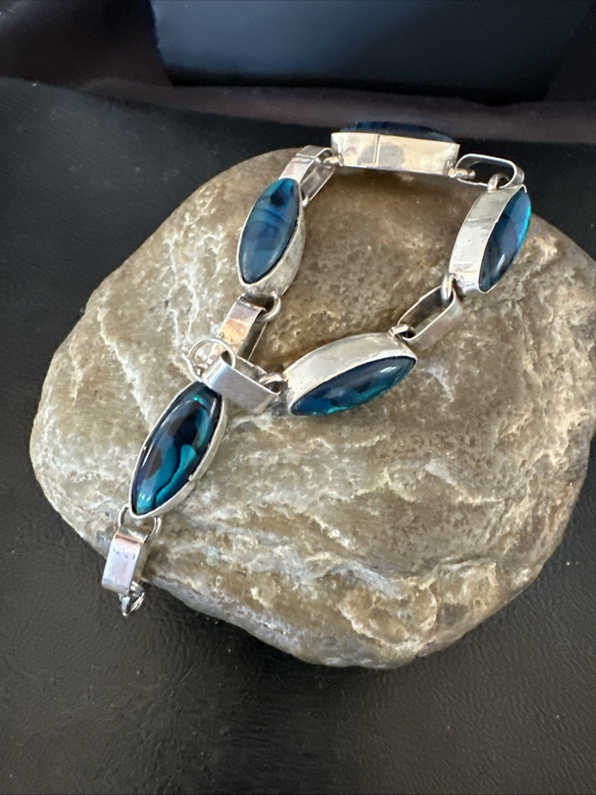 Women Old Pawn Blue Pava Shell Navajo Sterling Silver Link Bracelet 8” 19799
