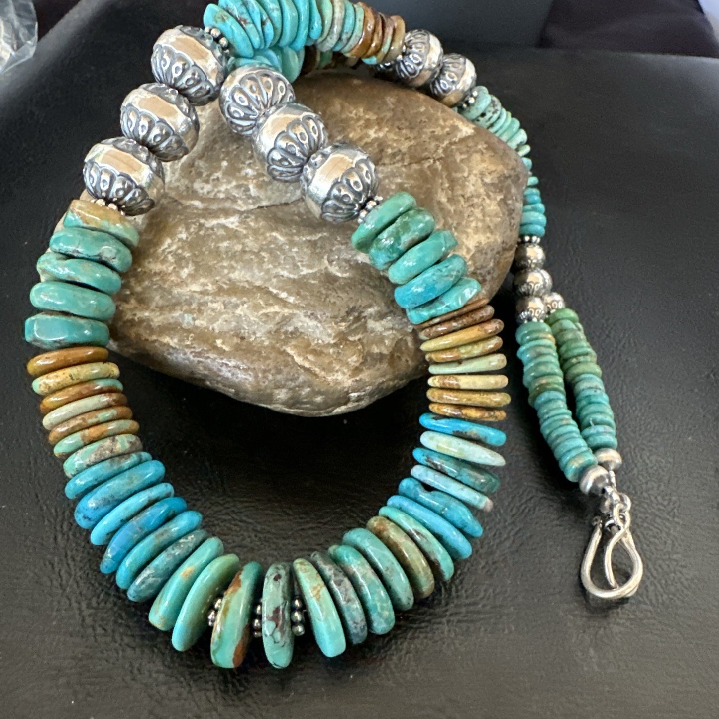 WoMens Blue Green Turquoise Navajo Sterling Silver Necklace 24” 19493