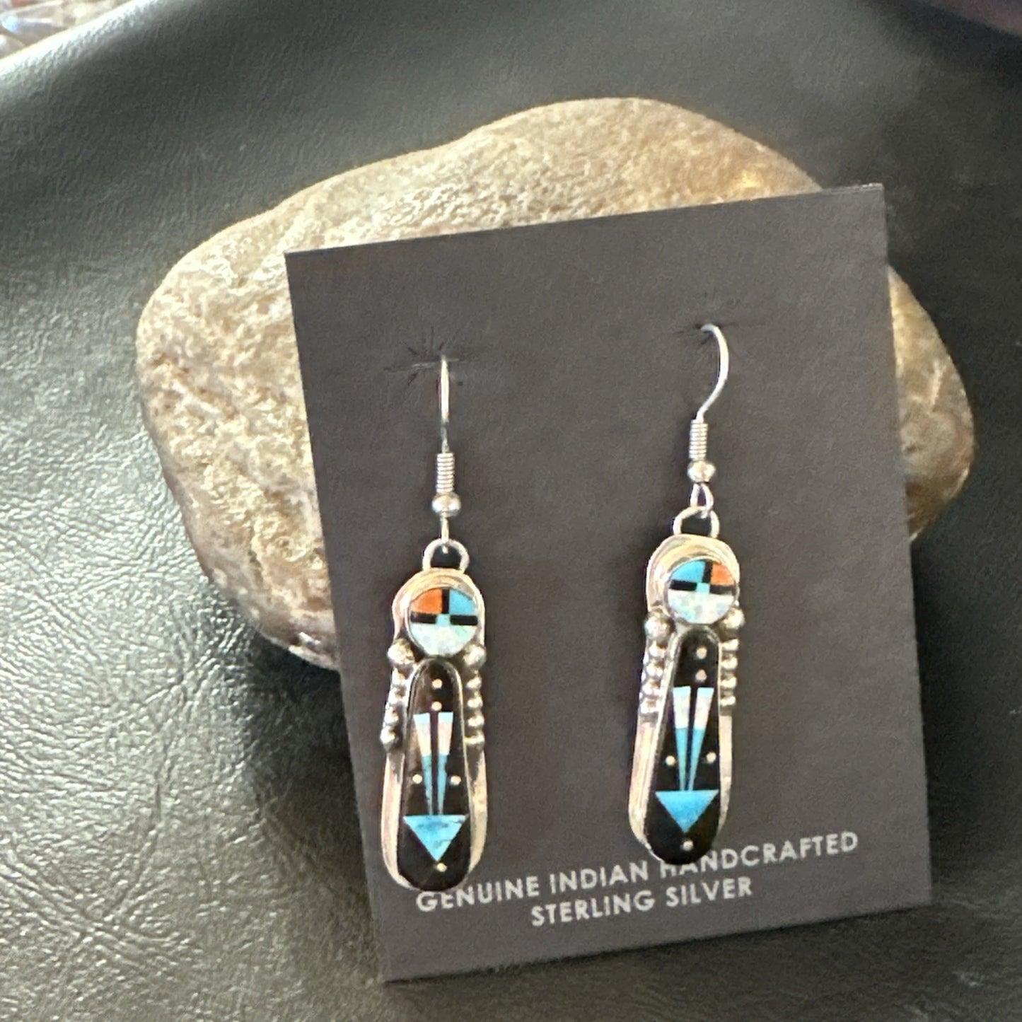 Navajo Onyx Opal Turquoise Inlay Earrings Sterling Silver Handmade 19773
