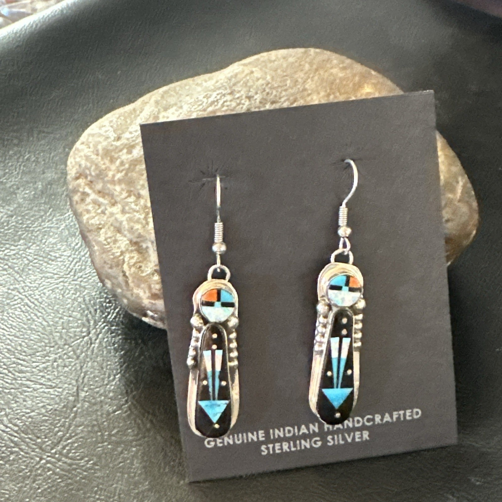 Navajo Onyx Opal Turquoise Inlay Earrings Sterling Silver Handmade 19773