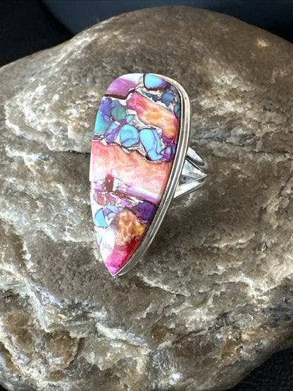 Blue Turquoise Orange Spiny Oyster Navajo Sterling Silver Ring Size 5.5 18210