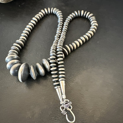 Graduated Rondelle Flat Sterling Silver Beads Necklace 21” 18830