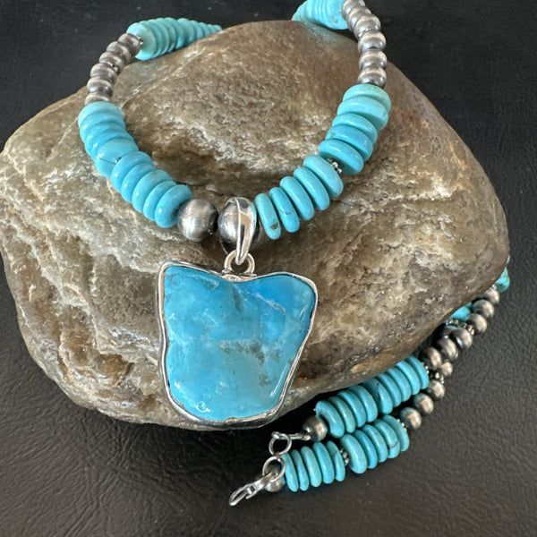 Blue Kingman Turquoise 2 Sided Pendant Navajo Necklace 20" | Sterling Silver | Authentic Native American Handmade | 19517