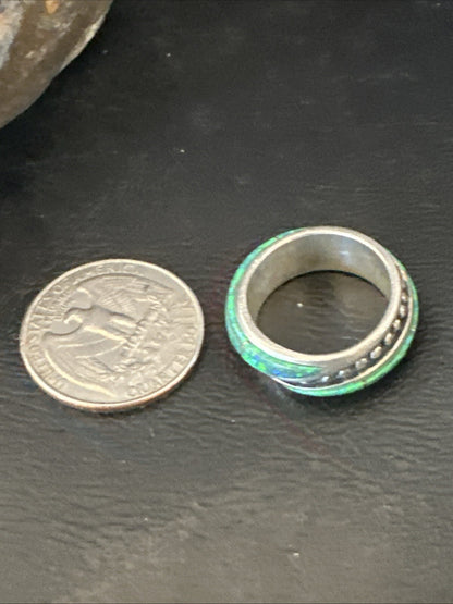 Green Opal Navajo Sterling Silver Band Inlay Ring Size 7 18809