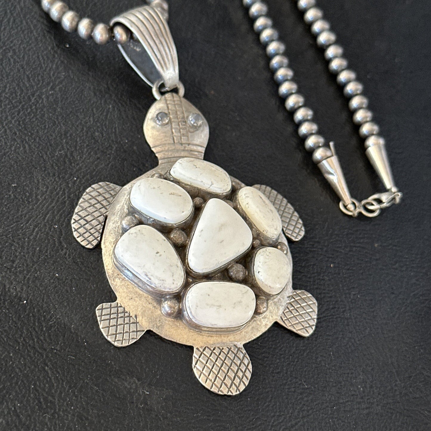 CLUSTER Turtle Navajo White Buffalo Turquoise Sterling Silver Pendant 14528