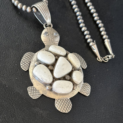 CLUSTER Turtle Navajo White Buffalo Turquoise Sterling Silver Pendant 14528