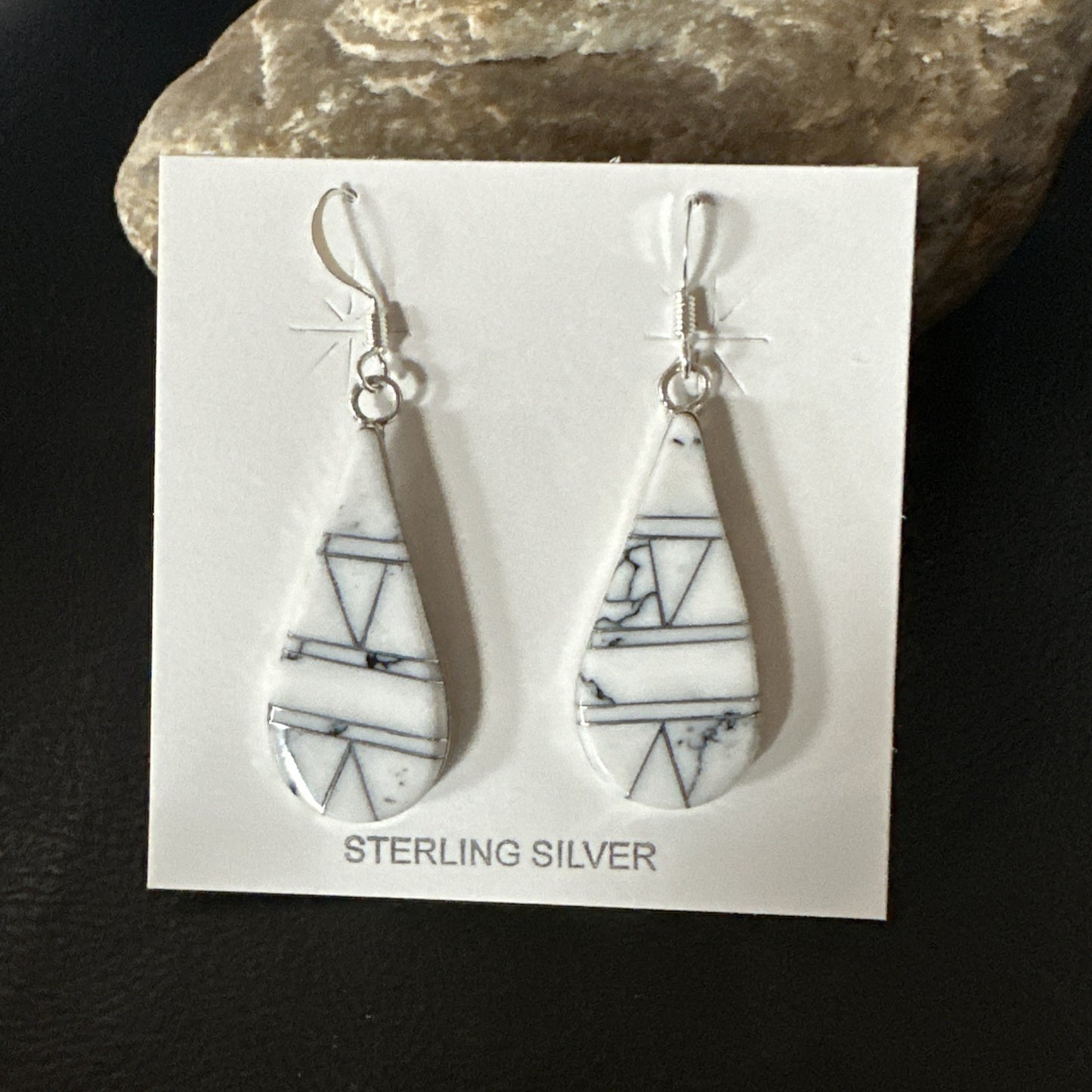 White Howlite Dangle Inlay Navajo Sterling Silver Earrings 19264