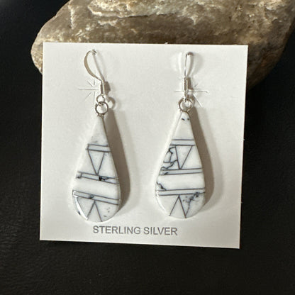 White Howlite Dangle Inlay Navajo Sterling Silver Earrings 19264