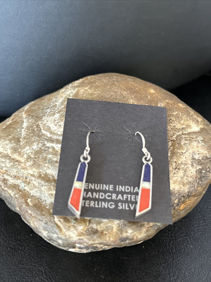 Lapis Opal & Coral Navajo Sterling Silver Inlay Earrings 1” 14766