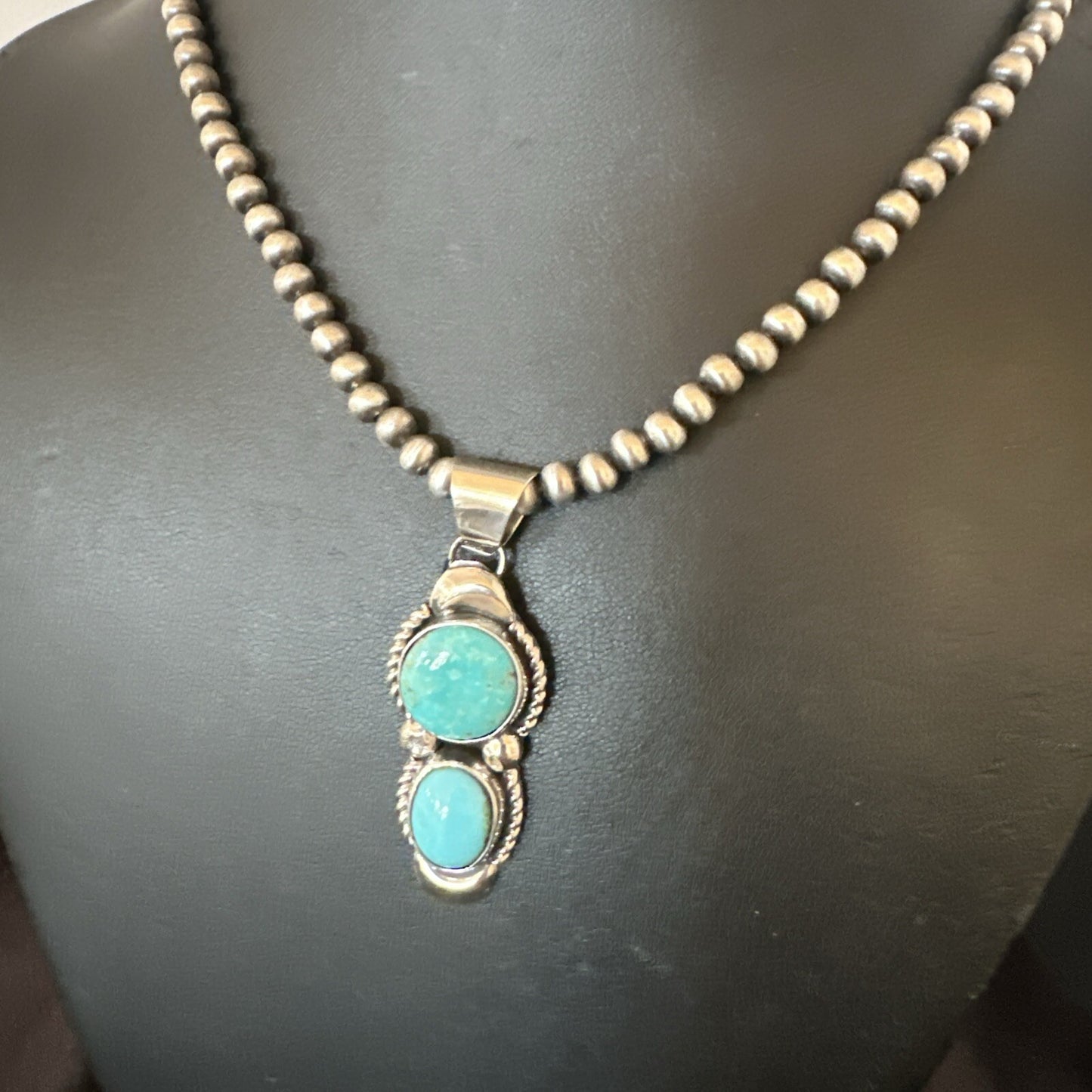 Blue Turquoise 2 Stone Navajo Sterling Silver Cluster Pendant 18192