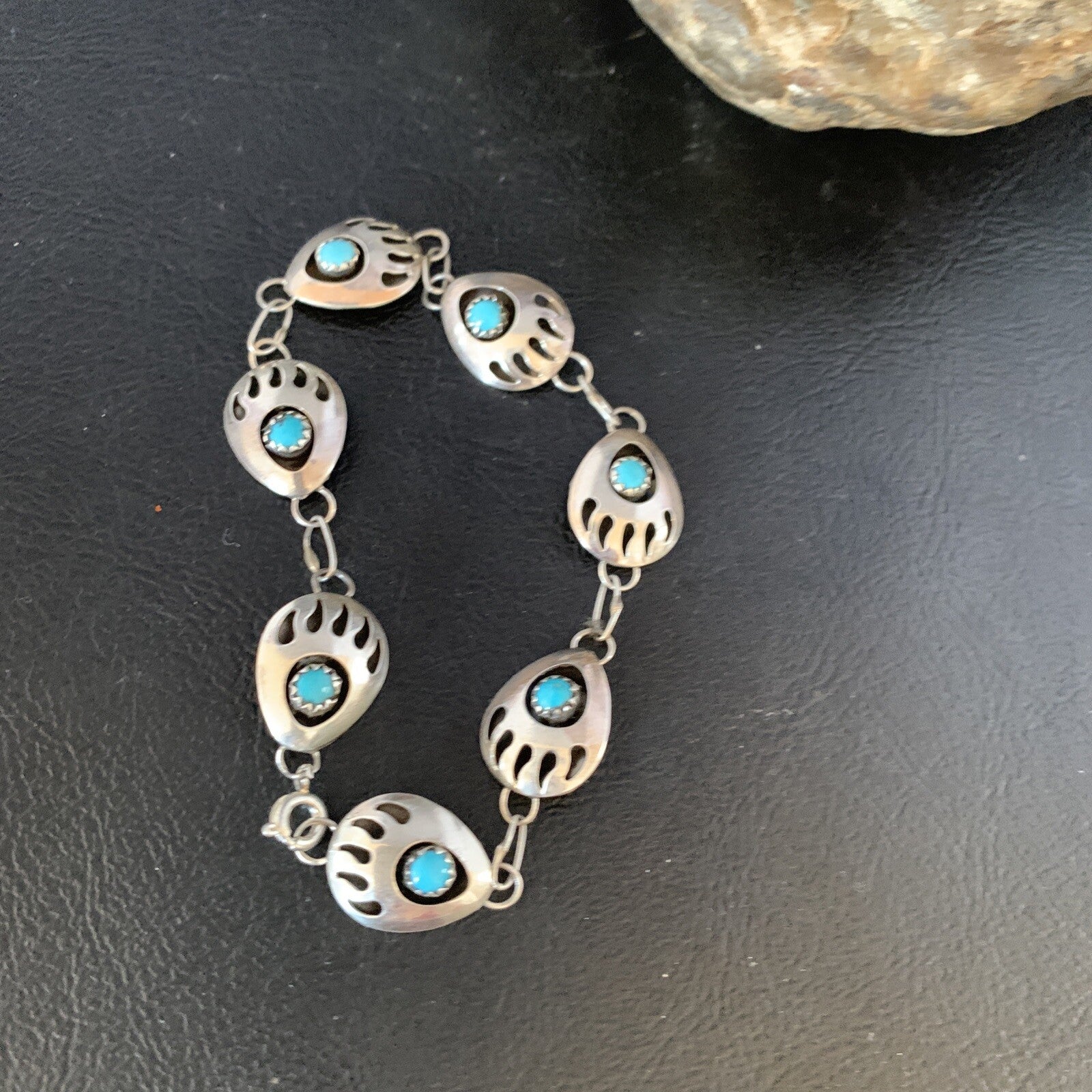 Turquoise BearPaw Navajo Sterling Silver Link Bracelet 08693