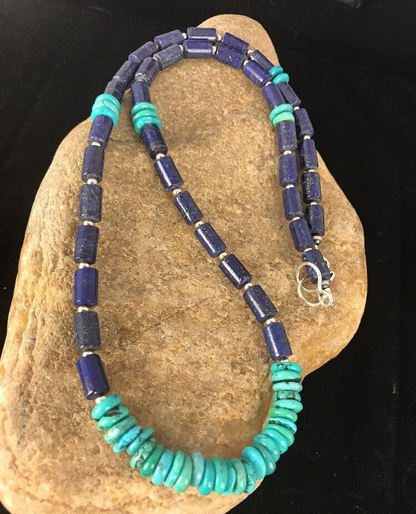 Blue Turquoise Lapis Navajo Pearls Sterling Silver Necklace 23" 03245