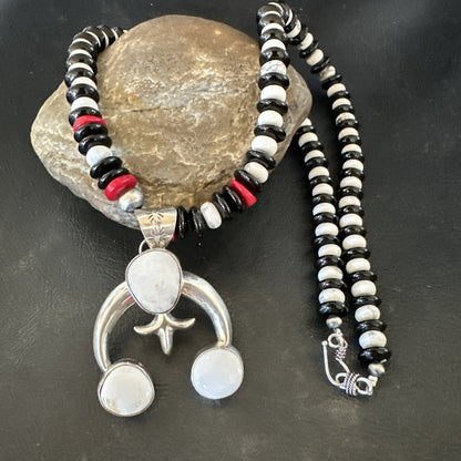 White Buffalo Turquoise Naja Pendant Navajo Sterling Silver Onyx Necklace 17866