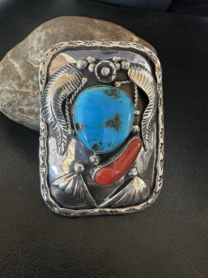 Mens Buckle Blue Turquoise Coral Navajo Sterling Silver Concho Belt 19489