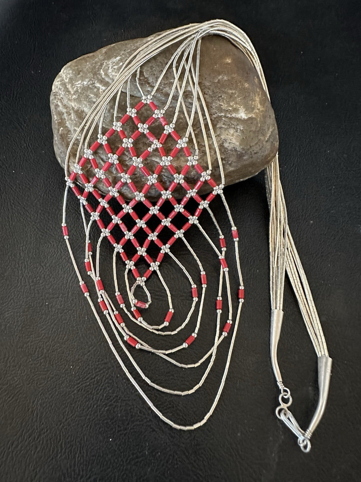 Red Coral Heishi Tubes Pendant 7 Strand Liquid Sterling Silver Necklace 19750