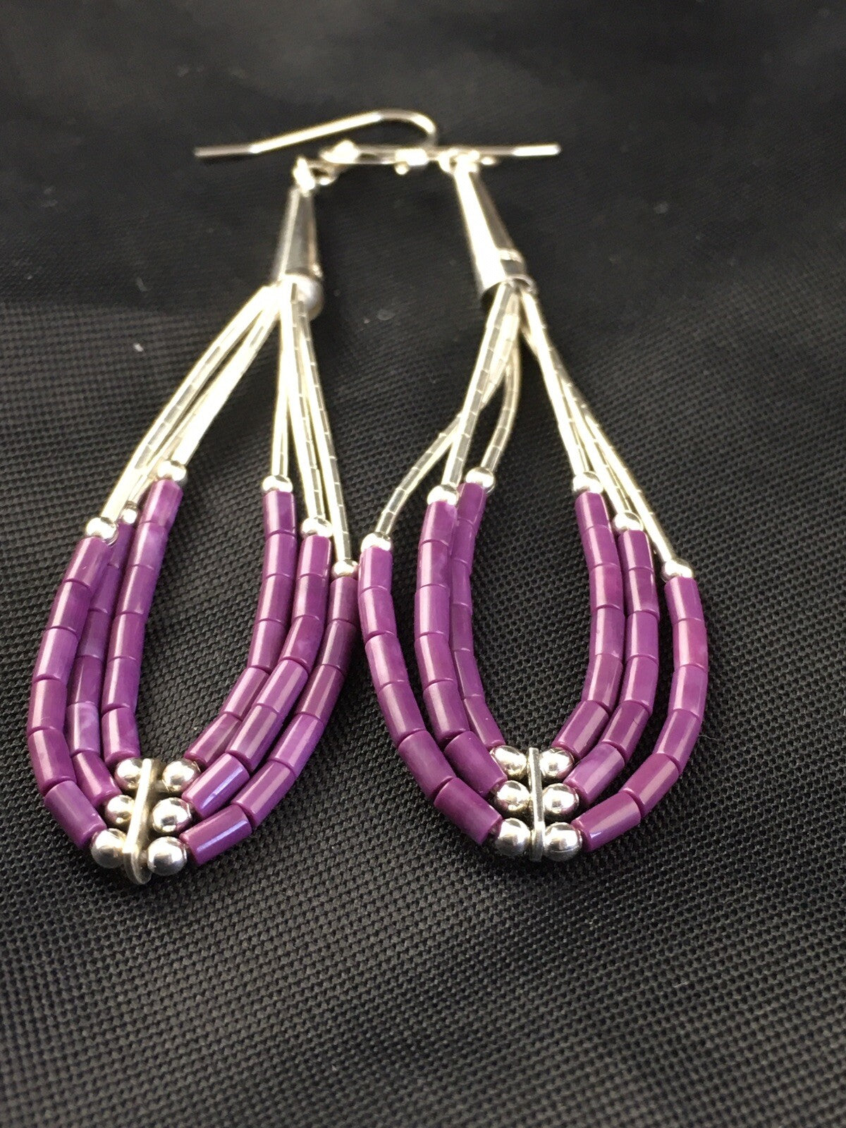 Purple Stone 3 Strand Heishi Liquid Sterling Silver Dangle Earrings 01985