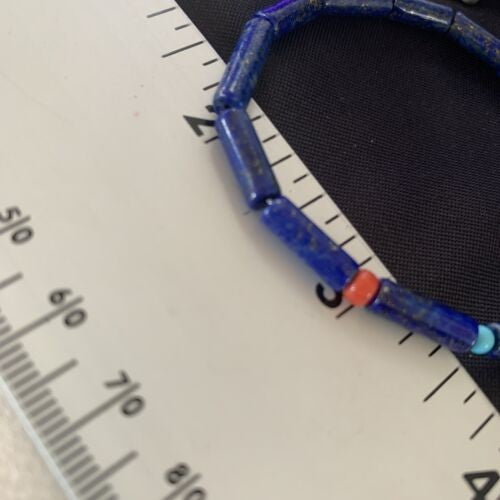 Navajo Lapis Turquoise Coral Beaded Bracelet Sterling Silver 7" 13117
