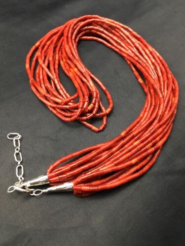 Native American Red Coral Navajo Necklace Sterling Silver 10 Strand 4387