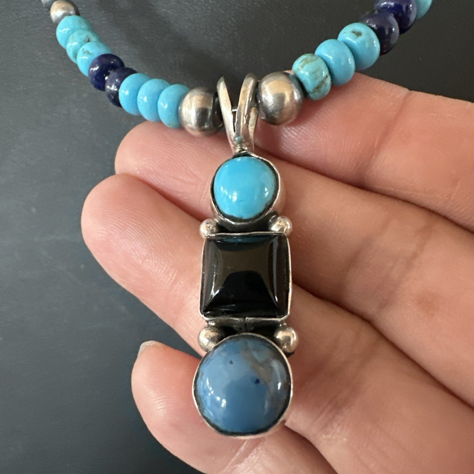 Blue Turquoise Lapis Onyx Pendant Navajo Sterling Silver Necklace 19550