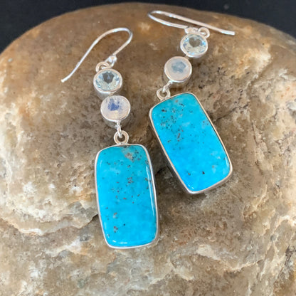 Womens Blue Kingman Turquoise Navajo Sterling Silver Earrings 12036