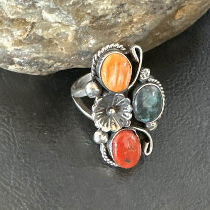 Multicolor Ring Turquoise Coral Spiny Navajo Sterling Silver Cluster Sz 10 19193