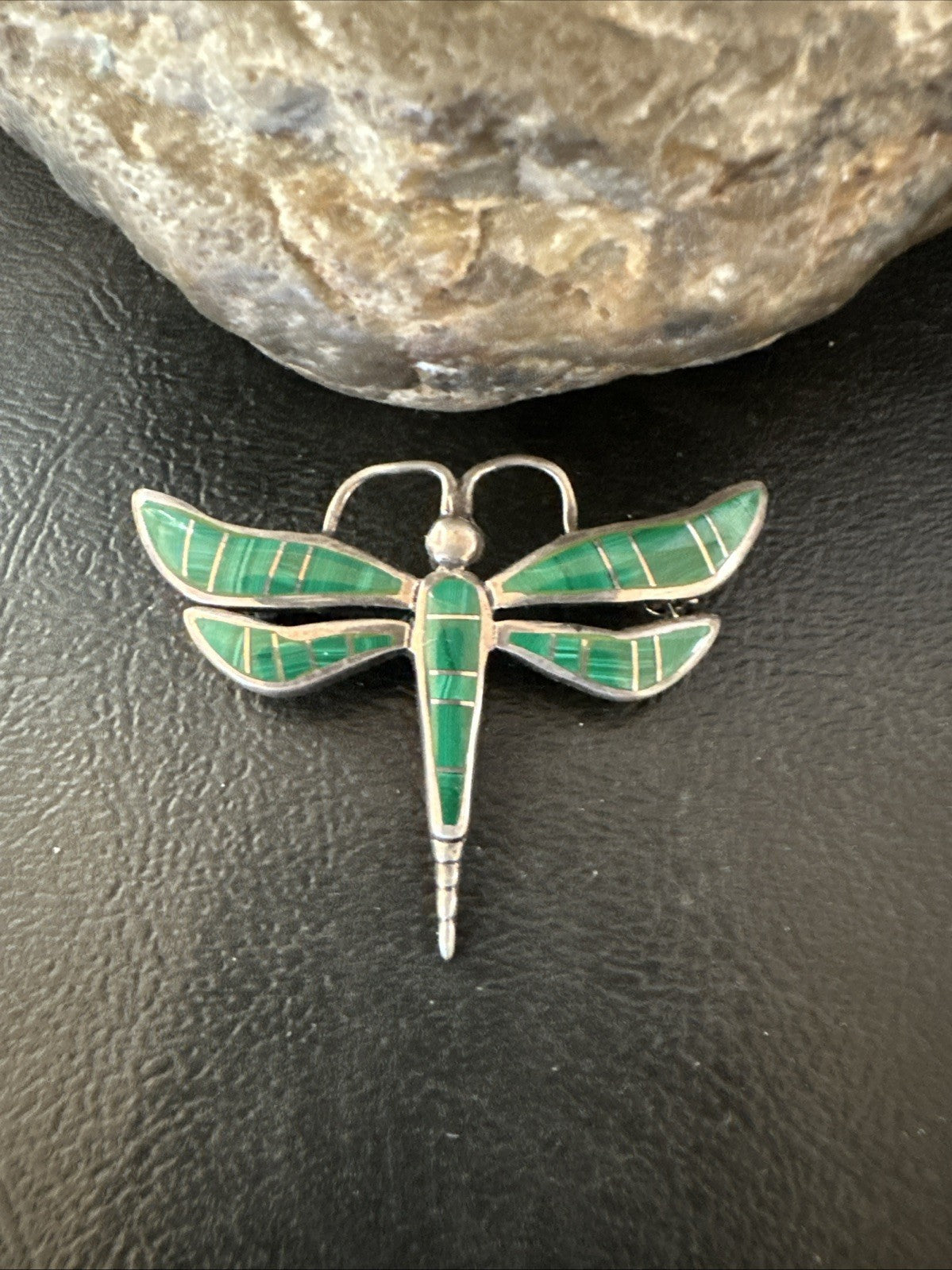 Rare Dragonfly Green Malachite Sterling Silver Inlay Pin 1.35” 19820