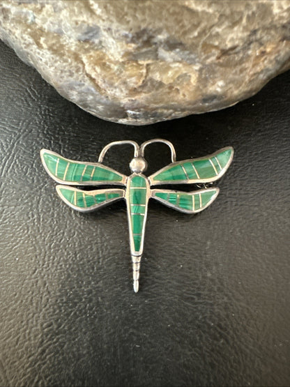 Rare Dragonfly Green Malachite Sterling Silver Inlay Pin 1.35” 19820