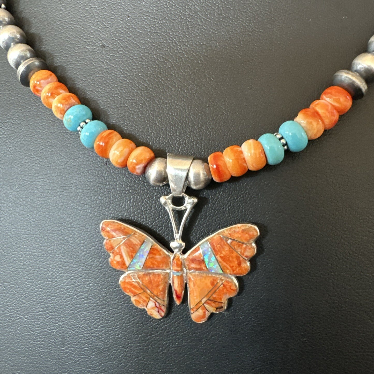 Butterfly Orange Spiny Turquoise Opal Sterling Silver  Necklace Pendant 18677