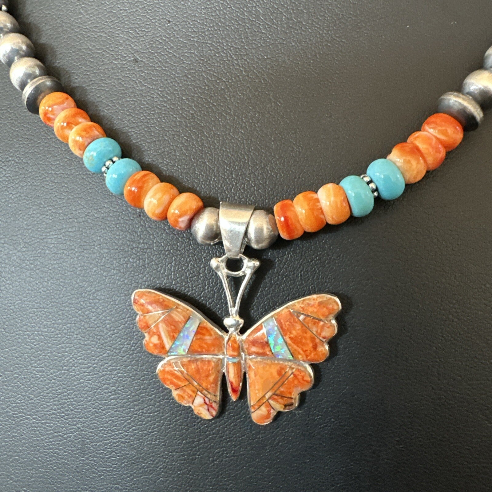 Butterfly Orange Spiny Turquoise Opal Sterling Silver  Necklace Pendant 18677