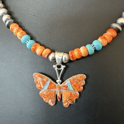 Butterfly Orange Spiny Turquoise Opal Sterling Silver  Necklace Pendant 18677