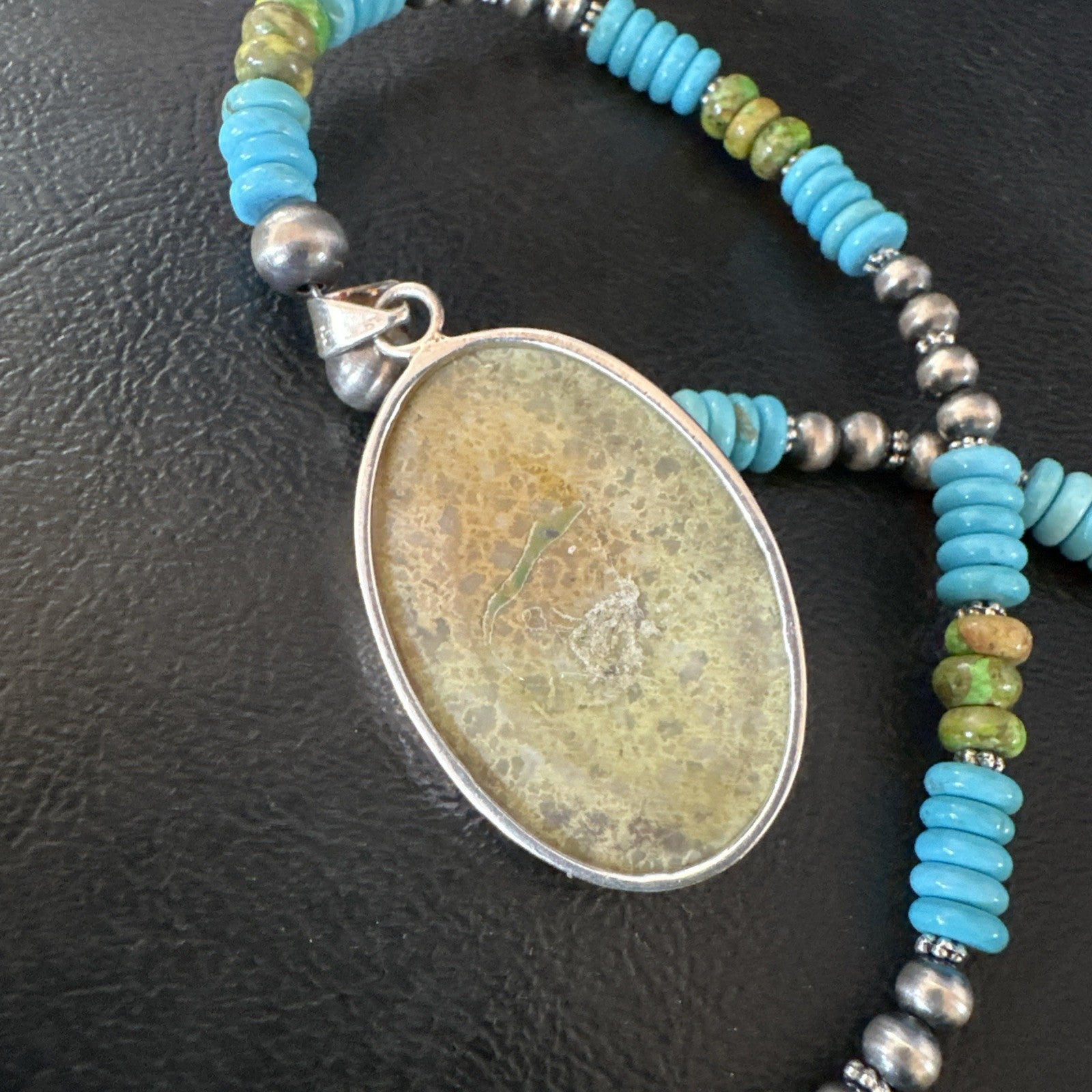 Green Gaspeite Pendant Blue Turquoise Navajo Sterling Silver Necklace 20" 19667