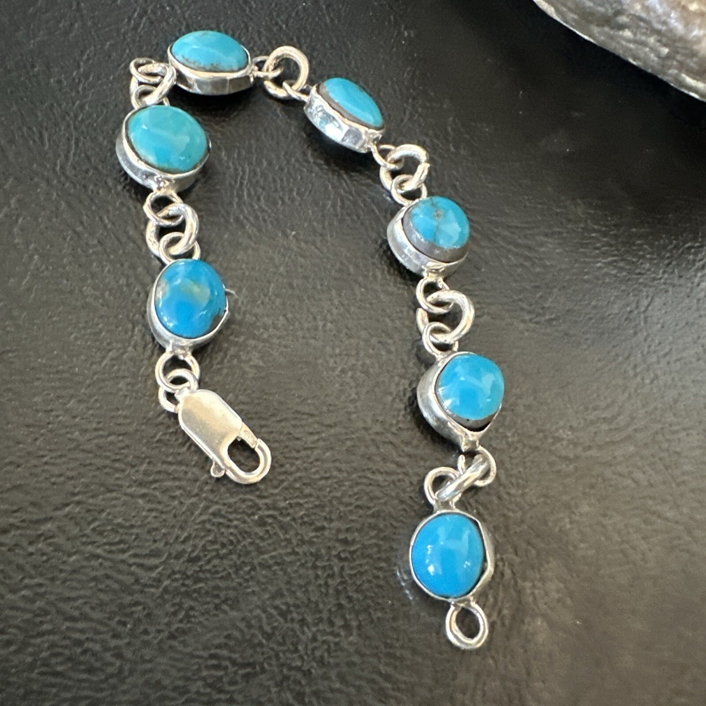 Blue Kingman Turquoise Navajo Sterling Silver Link Bracelet 7” 18299