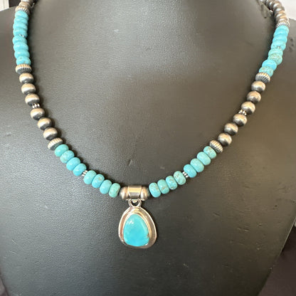 Mens Blue Kingman Turquoise Pendant Navajo Sterling Silver Necklace 21" 18110