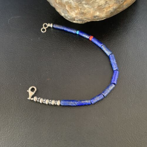 Navajo Lapis Turquoise Coral Beaded Bracelet Sterling Silver 7" 13117