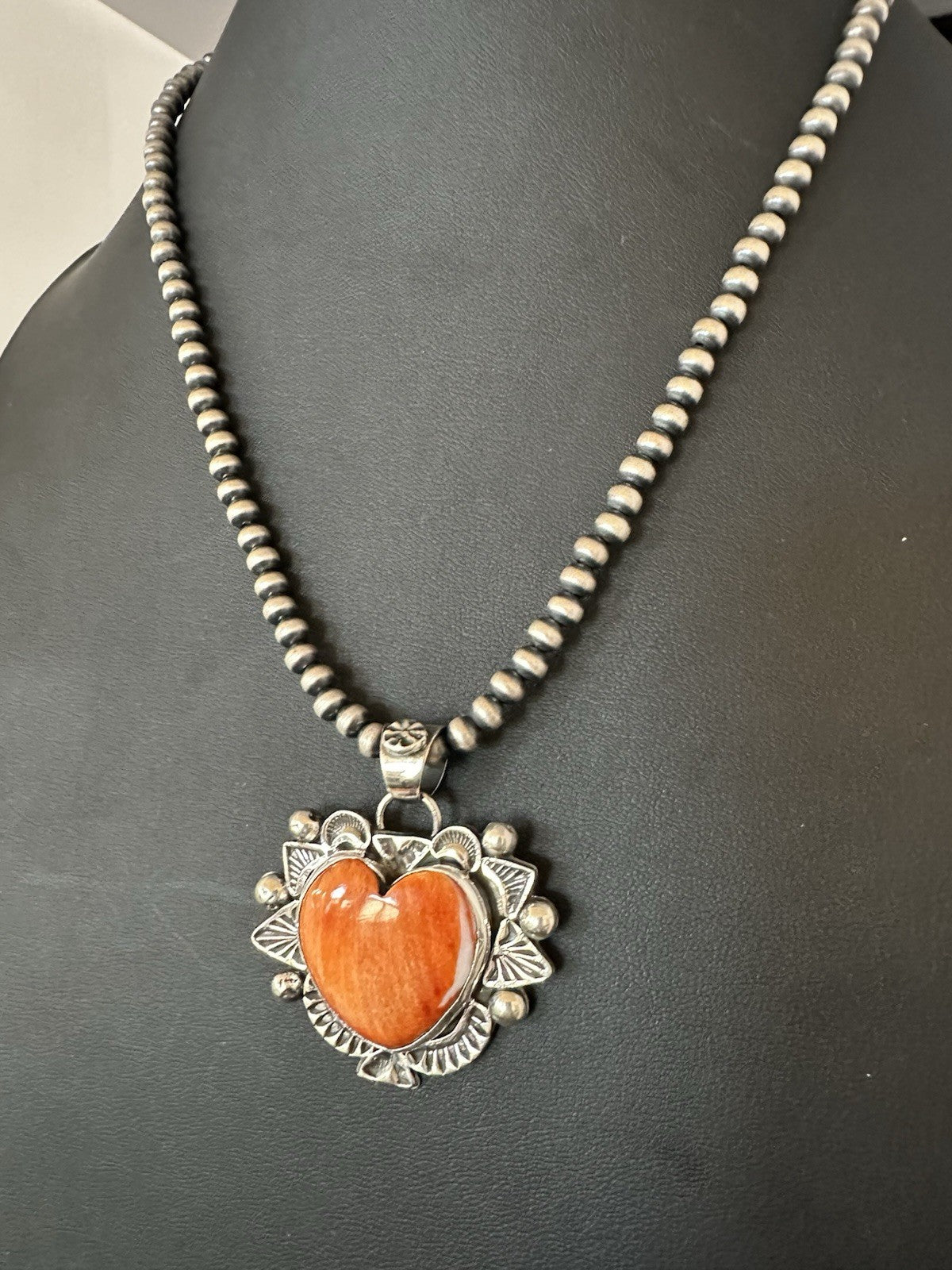 H Joe Orange Spiny Oyster Heart Pendant Navajo Sterling Silver Necklace 19485