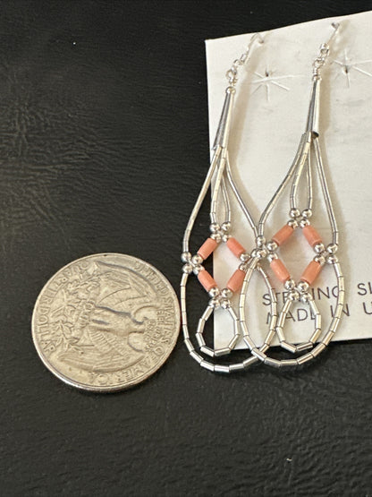 Pink Coral 2 Strands Heishi Liquid Sterling Silver Dangle Earrings 2" 17983