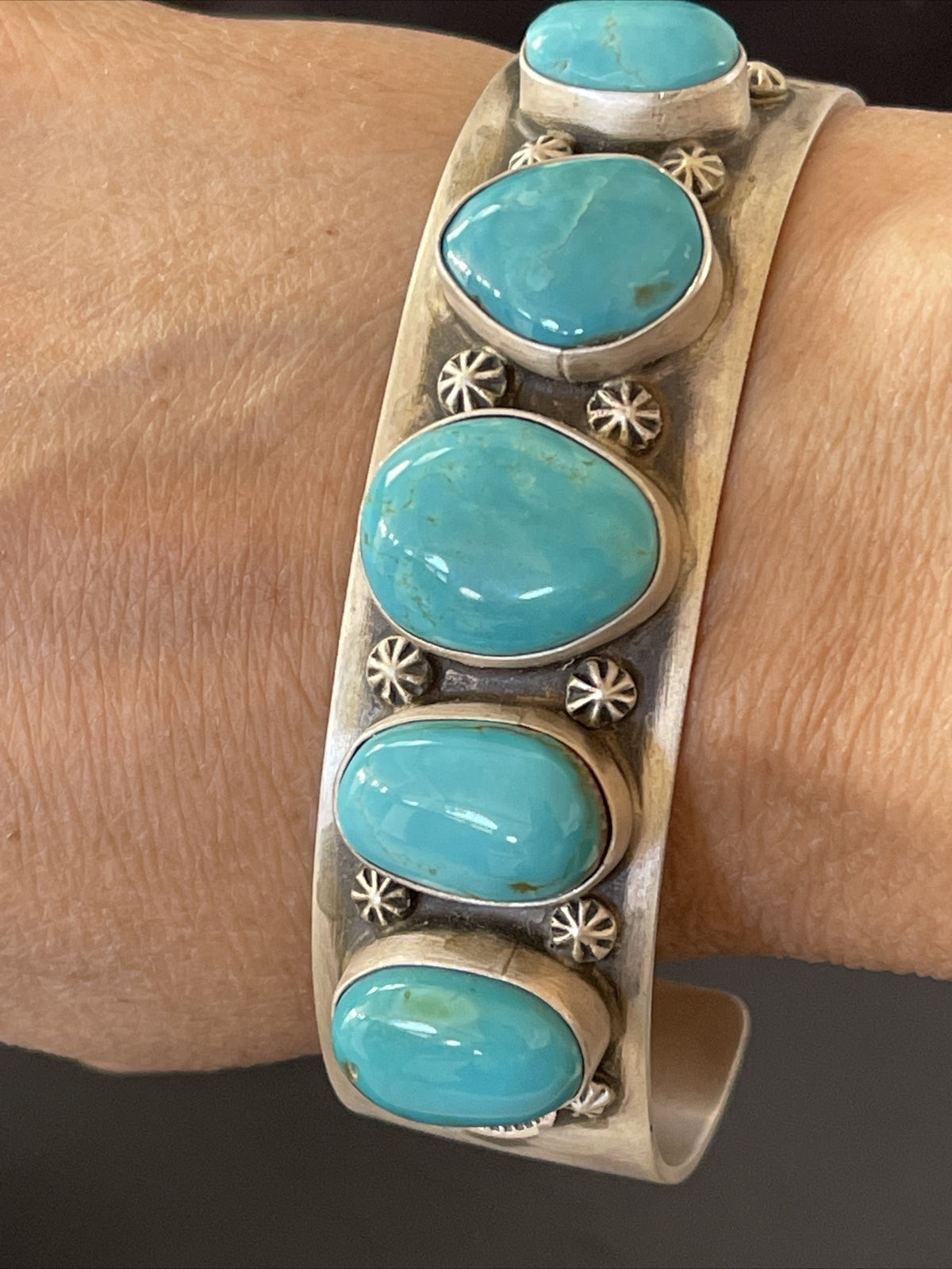 Navajo Sterling Silver Blue Kingman Turquoise Cuff Bracelet 5 Stone HJoe 02051