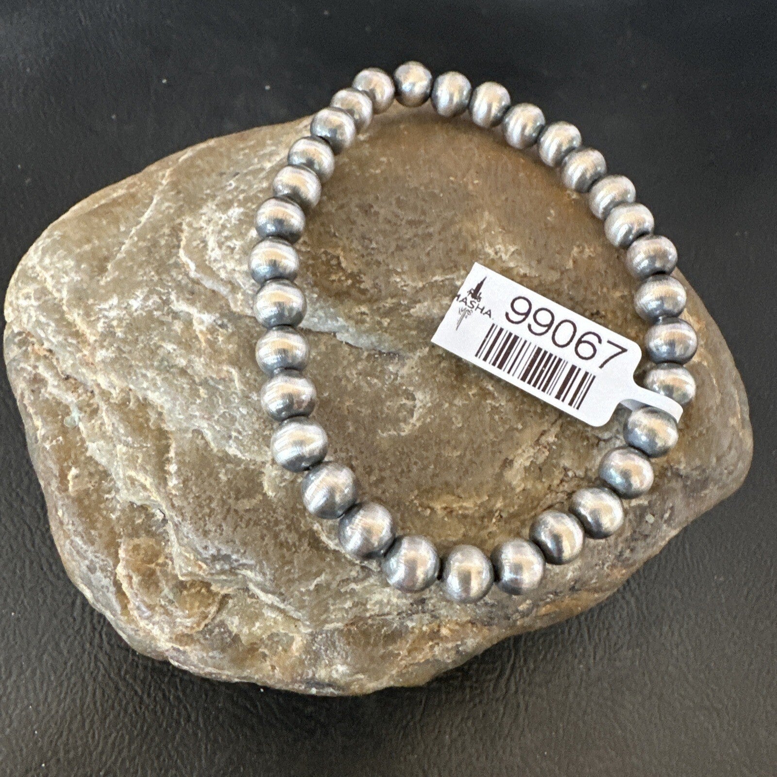 Native American 6mm Beads 7” Sterling Silver Stretch Beads Bracelet 90602